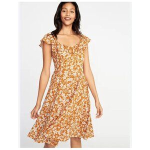 New! Old Navy Fit & Flare Ruffle Trim Cami Dress Yellow White Floral Knee Length